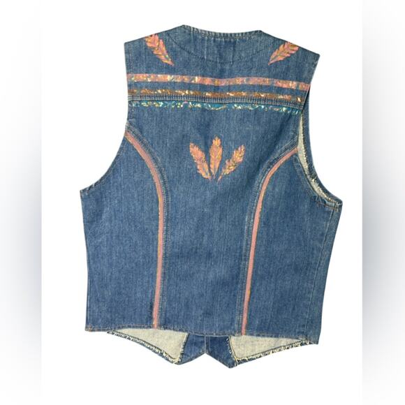Vtg Wrangler Hand Painted Boho Western Denim Vest Womens Size M Artsy Festival - Picture 3 of 6